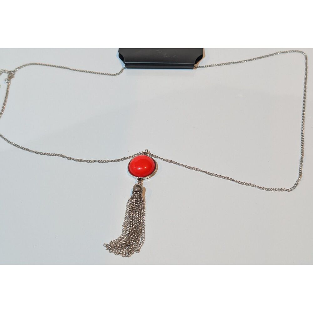 37” Silver-Tone Tassel Necklace with Red Cabochon Pendant – Vintage Style